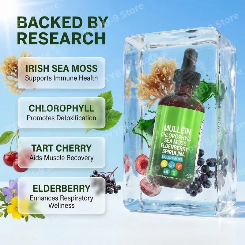 Mullein Drops Liquid Chlorophyll Elderberry Sea Moss Spirulina Chlorella Marigold Lung Cleanse Tincture Men Women 2 Fl Oz