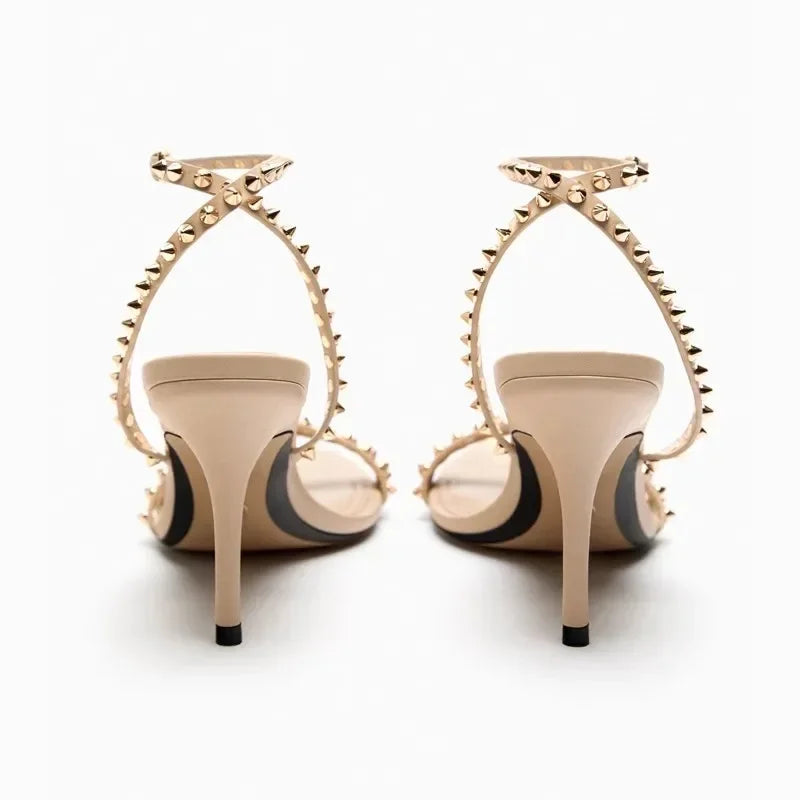 Luxury Designer Rivet Embellished Thin Heeled Sandals Women Summer Sexy Pointed Toe Ankle Strap High Heels Elegant Party Shoes
