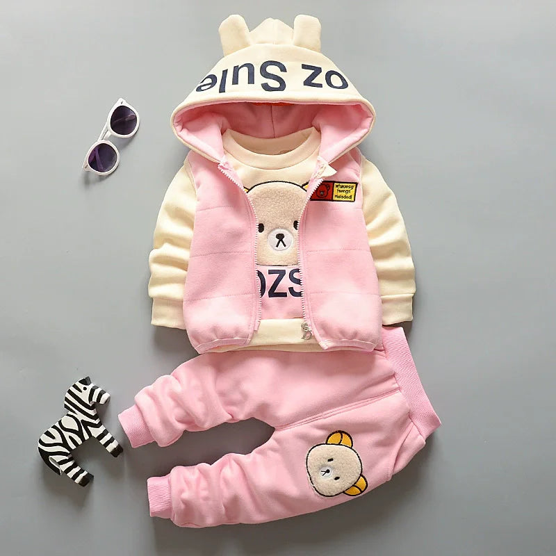3Pcs Boys Fleece Sets Baby Girls Winter Autumn Thicken Clothes Suits Children Autumn Cartoon Hooded Jackets+Top+Pants Outfits