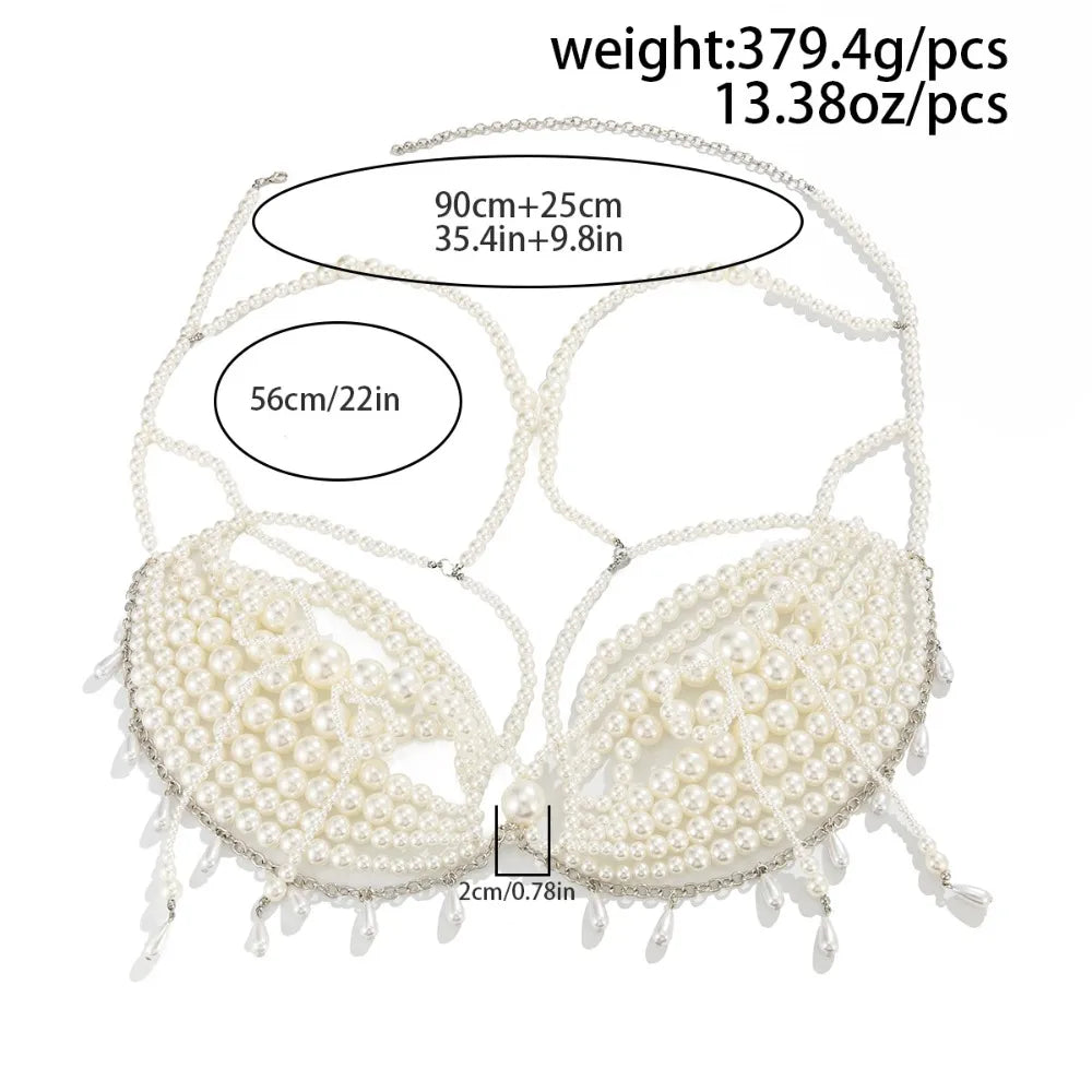 Sexy Exaggerated Imitation Pearl Beaded Tassels Bikini Chest Chain Waist Chain Women's Fashion Show Beaded Necklace Body Jewelry