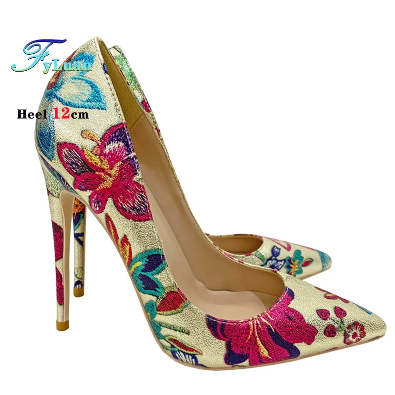 Fashion Print Women's Pumps 8CM 10CM 12CM Sexy Pointy Toe Luxury Female Shoes 2025 Spring Summer All-Match Woman Gold High Heels