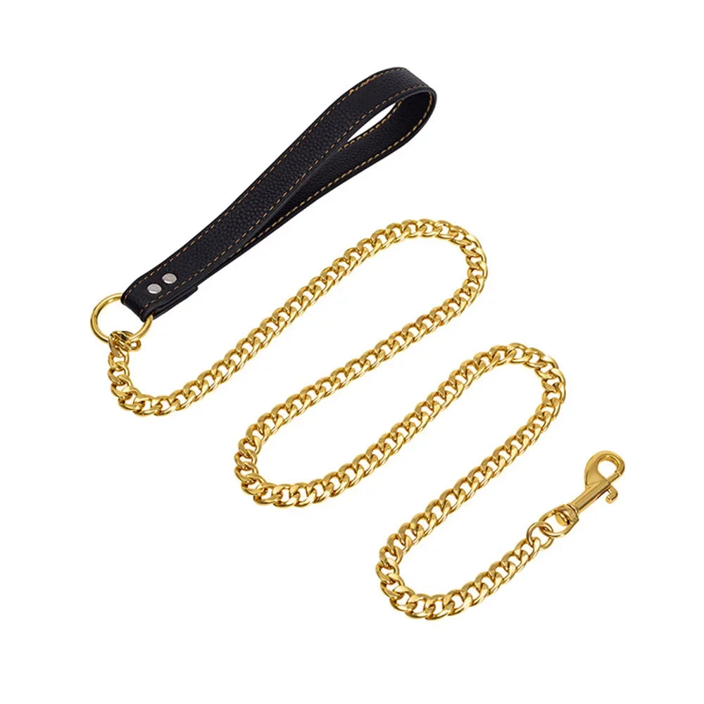 Stainless Steel Gold Chain Dog Leash Metal Chew Proof Heavy Duty Dog Leash Chain with Leather Padded Handle for Large Medium Dog