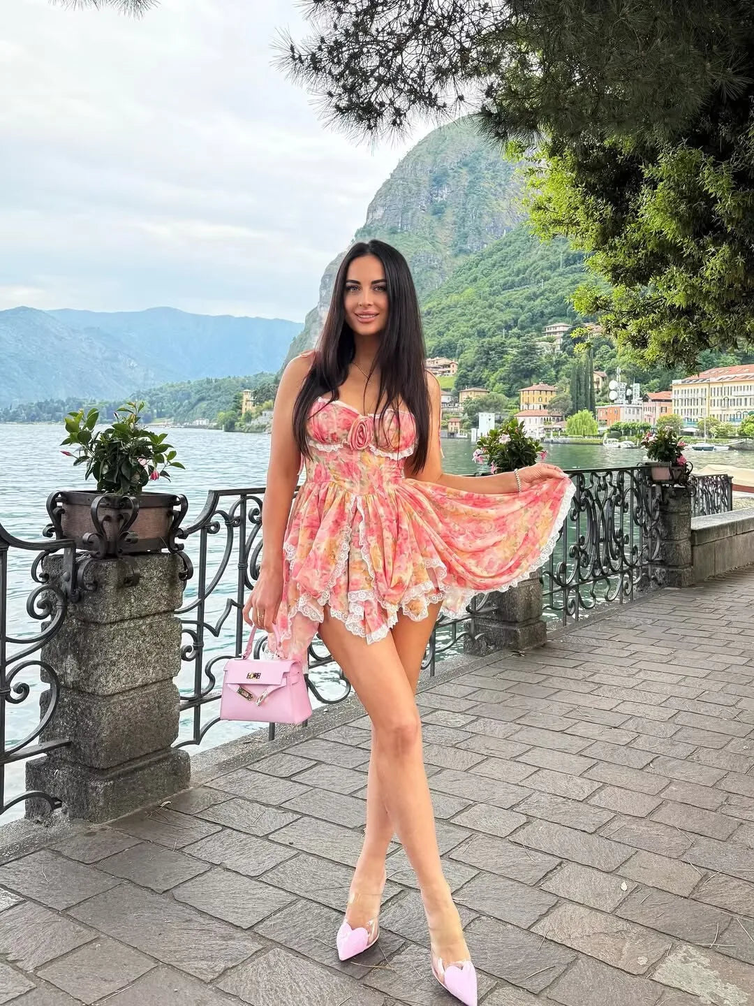 YENKYE Sexy Sling Floral Print Boho Beach Dress Women New 226  Lace Trim  Irregular Hem Holiday Summer Dresses Short Robe