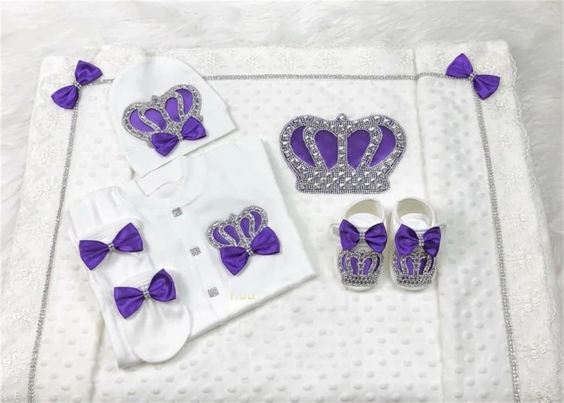 5pcs Baby Girl Outfits Set Welcome Home Hosptial Infant Receiving Blanket Pillow Bed Hat Mittens Romper Set