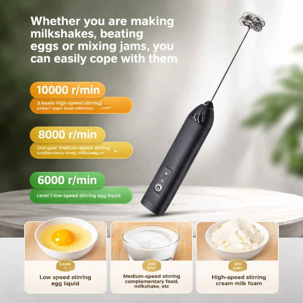 MINI Milk Frother USB Rechargeable 3 Speeds Foam Maker Coffee Whisk Mixer Electric Handle Blender Egg Beater