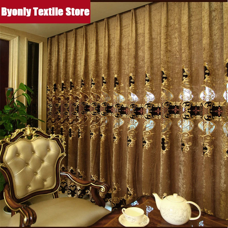 Embroidered Chenille Velvet Curtains for Living Room Bedroom European Modern Brown Gold Sheer Tulle Windows Backdrop Valance