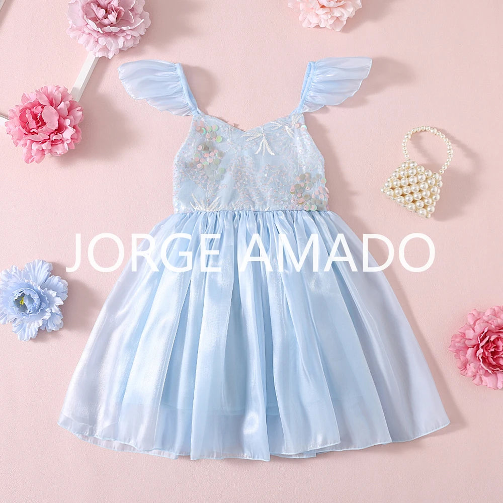 New Summer Sister Girl Matching Romper Dress Short Sling Sleeves Big Bow Bodysuit Sequined Princess Dresses Twins Clothing H1518