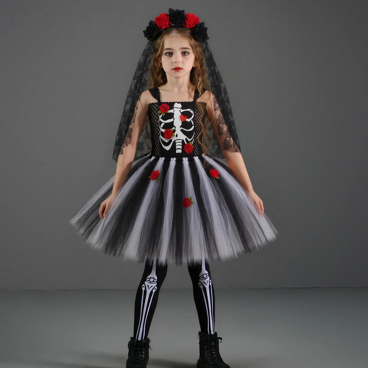 Girls Scary Skeleton Halloween Costume for Kids Zombie Corpse Bride Tutu Dress Children Day of The Dead Rose Bone Ghost Dress Up