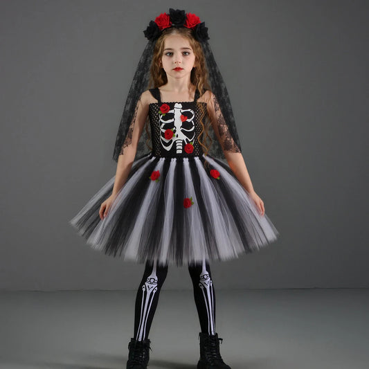 Girls Scary Skeleton Halloween Costume for Kids Zombie Corpse Bride Tutu Dress Children Day of The Dead Rose Bone Ghost Dress Up
