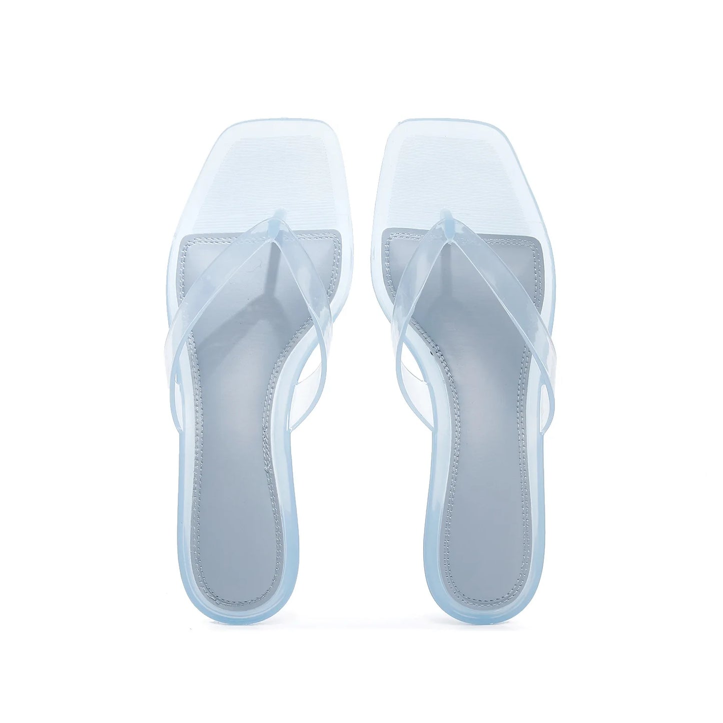 Vacation Elegant Kitten Heel Thong Sandals, Square Toe Clear Brown Jelly Flip Flops, Women Summer Comfortable Beach Party Shoes