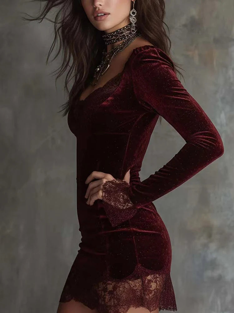 Women's Elegant V-neck Long Sleeve Mini Dress Fashion Hight Waist Slim Short Dresses Sexy Lace Splicing Solid Color Party Dress