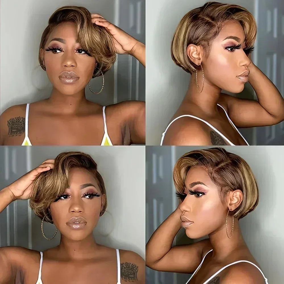 13x4 Lace Front Pixie Cut Bob Wig Highlight Honey Blonde Ombre Brazilian Remy Human Hair Pre‑Plucked Natural Hairline Soft