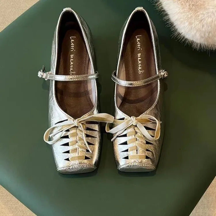 French-style Square-toe Hollow Lace-up Height-increasing Mary Jane Shoes for Women with Single-strap Fashion Shallow-cut Flats