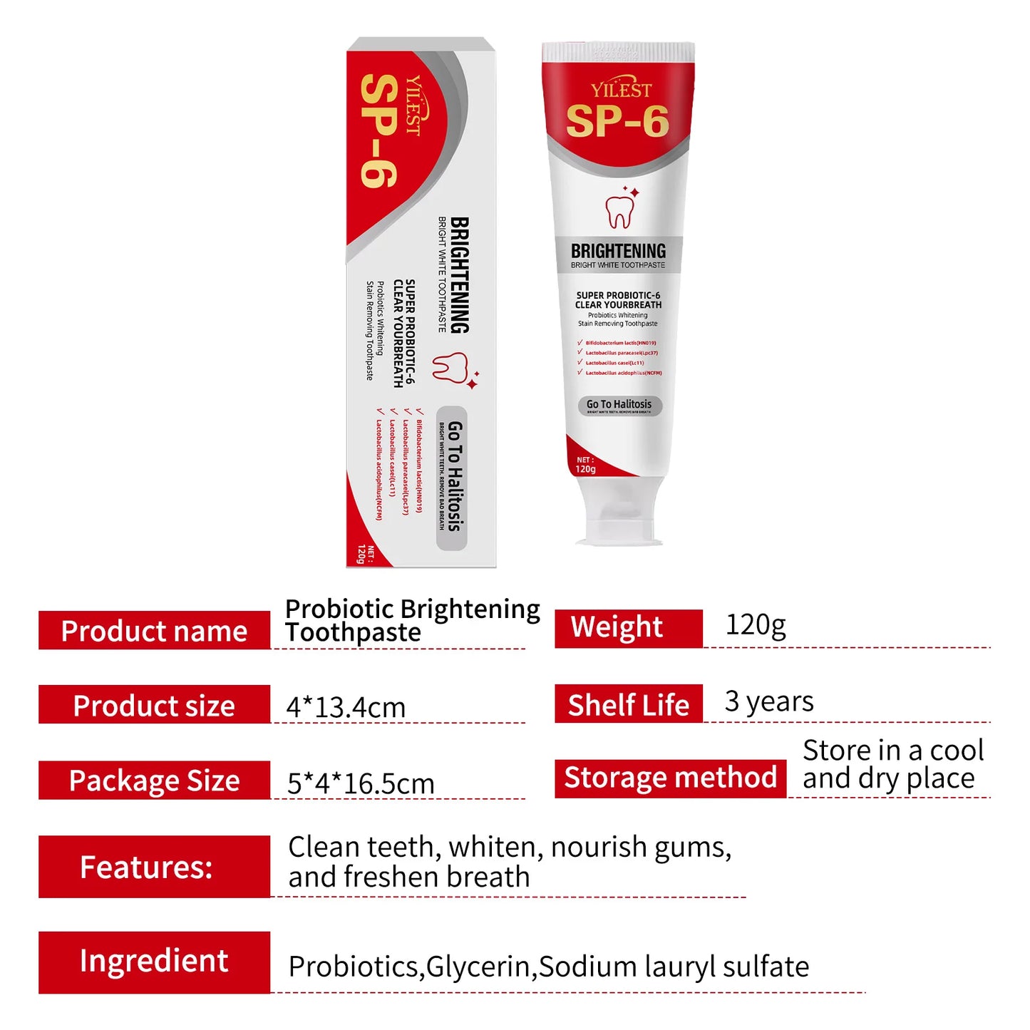 SP-6 Probiotic Toothpaste Whitening Toothpaste Remove Plaque Prevent Dental Caries Oral Hygiene Clean Fresh Breath Gum Care 120g