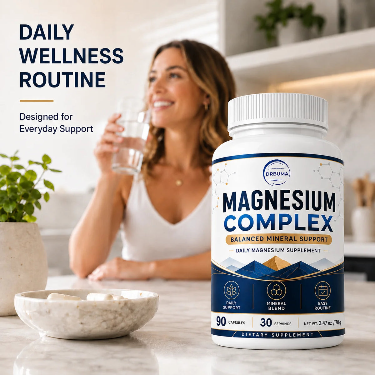 90-Count Magnesium Complex Capsules, Daily Dietary Nutritional Supplement for Adults, Large-Capacity Bottle with 30 Servings, Easy Daily Intake, Easy-to-Swallow Capsules, Ideal Choice for a Healthy Lifestyle