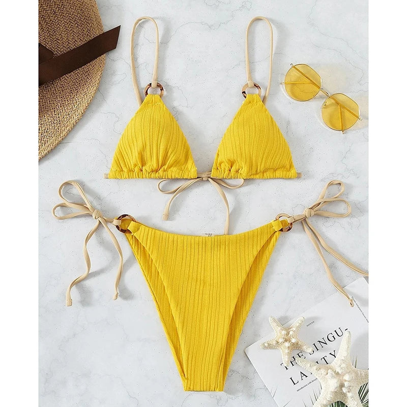 Solid Split Swimsuit Women Two Piece Beachwear Triangle High Cut Thong Bikini Push Up Summer 2026 New Sexy Bandage Bathing Suit