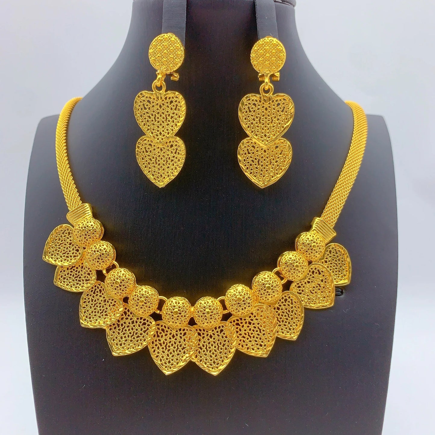 Dubai Jewelry Sets for Women Heart Pendant Necklaces Earrings Two Pieces Set 24K Gold Color Eritrean Wedding Party Gifts