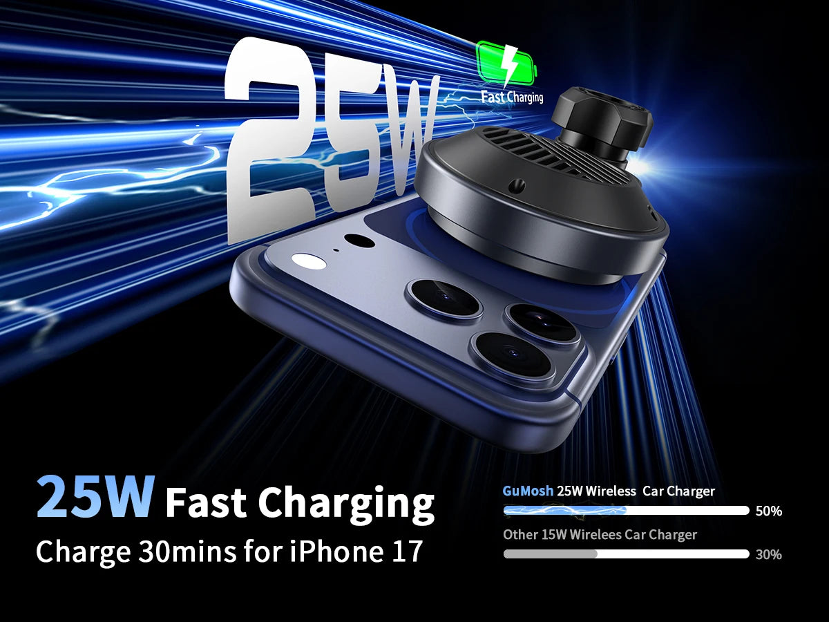 Qi2.2 25W Car Magnetic Wireless Charger Stand With Air-Cooling Fan For Magsafe iPhone17 16 15 14 13 12 Pro Max Fast Charging