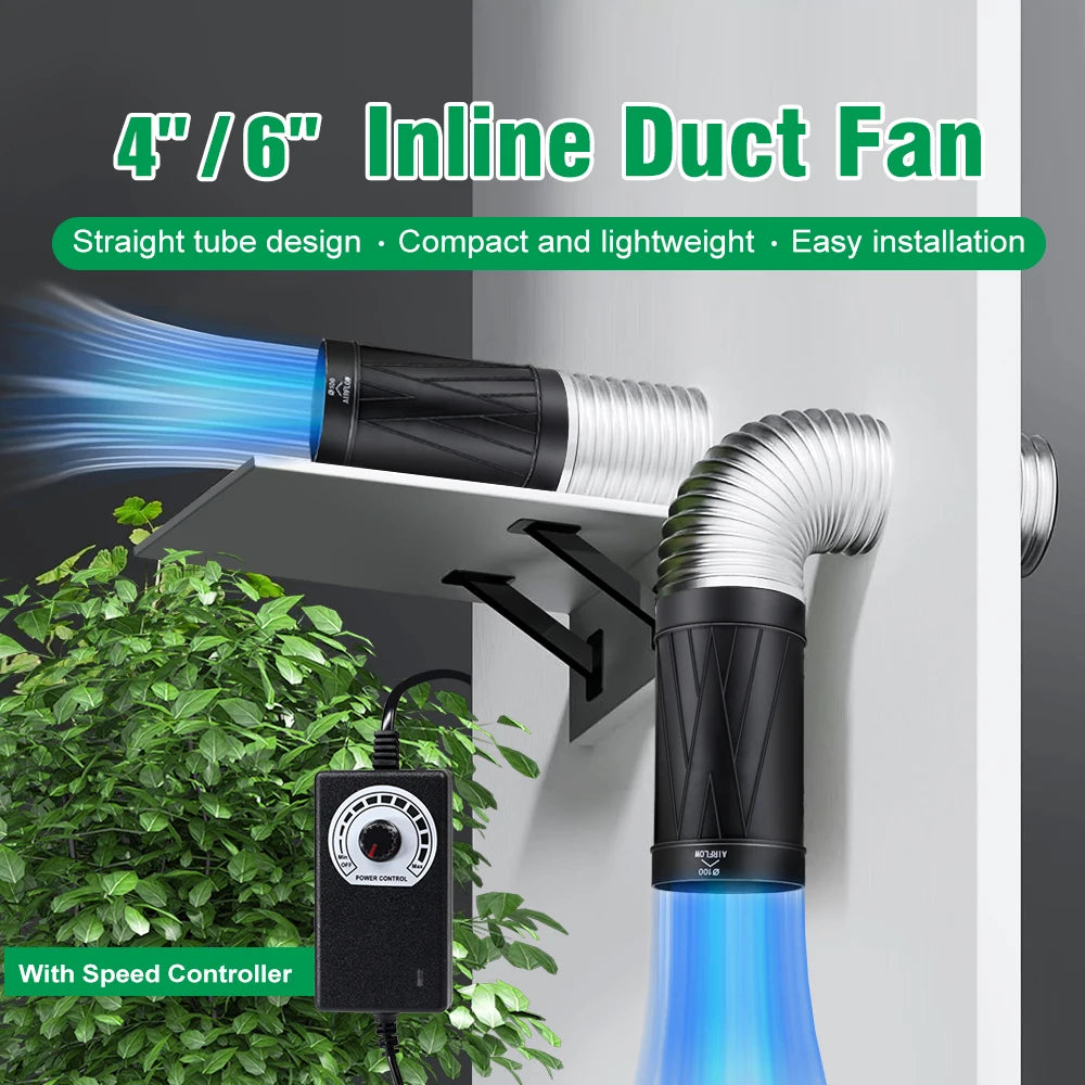 4/6 Inch Inline Duct Fan Adjustable Speed DC Brushless Motor Ventilation Fan for Greenhouse Tent Living Room Dining Room Kitchen
