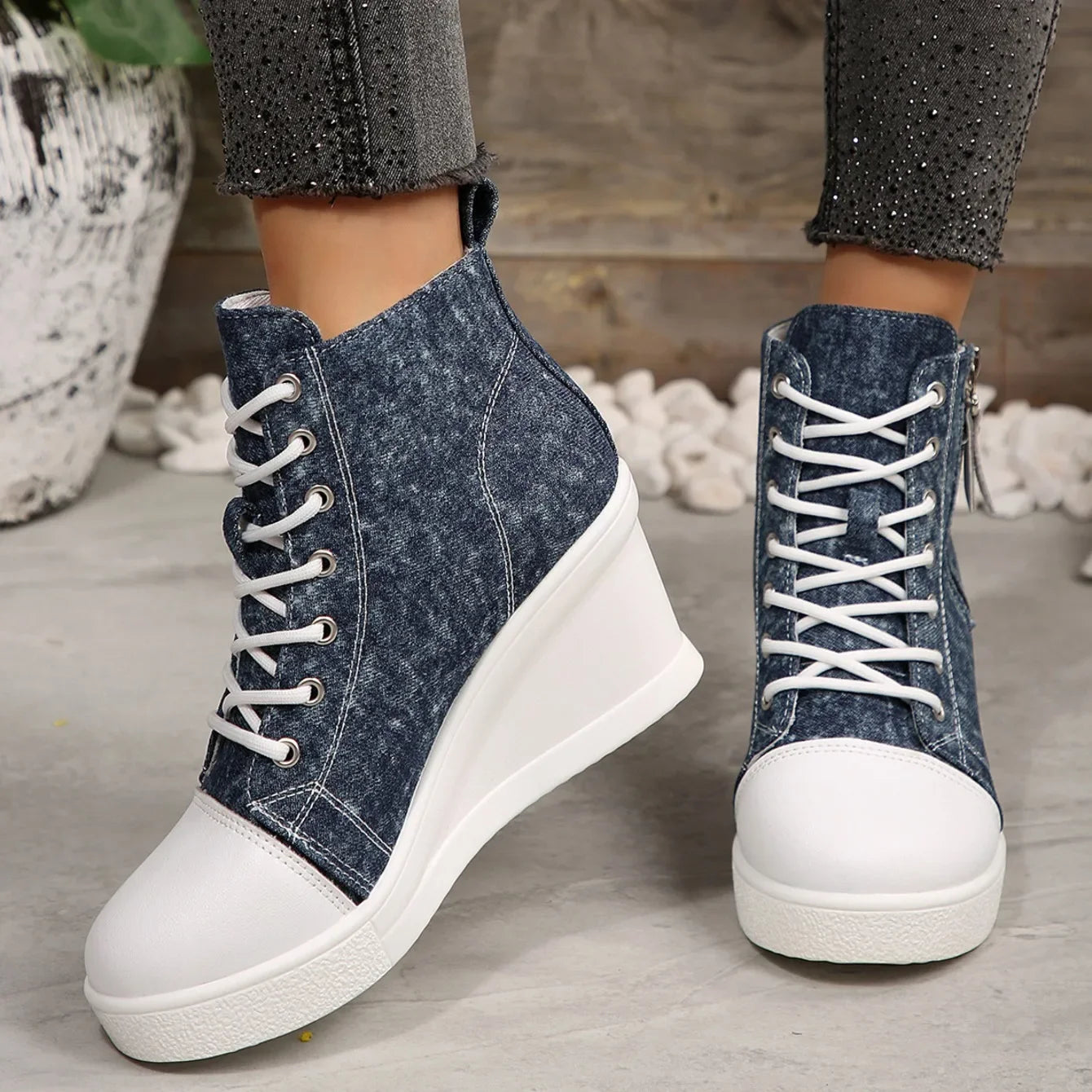 2025 New Women High Top Wedge Sneakers Blue Camouflage Shoes Woman Fashion Lightweight Lace Up Platform Ankle Sneakers Women