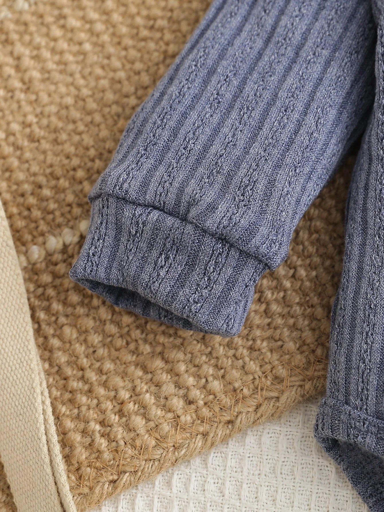 Baby Autumn Winter Knitted Blue Long Sleeve Crawler Suit with Long Pants Infant Clothing Set for Toddlers