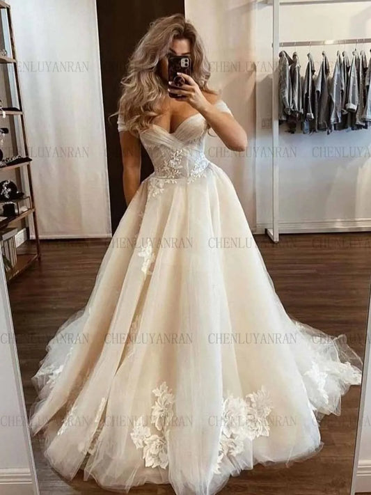 Champagne Sweetheart Wedding Dresses Applique Pleat Sexy Bride Gown A-Line Applique Long Dresses For Women 2025 robe de mariée