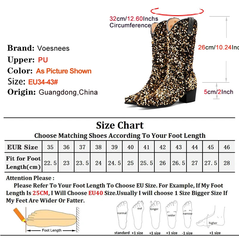 Women Sexy Western Boots Bling Bling Trends Party Chunk Heels Lady Shoes Fashion Pointed Nightclub Female Sequin Mid-Calf Boots