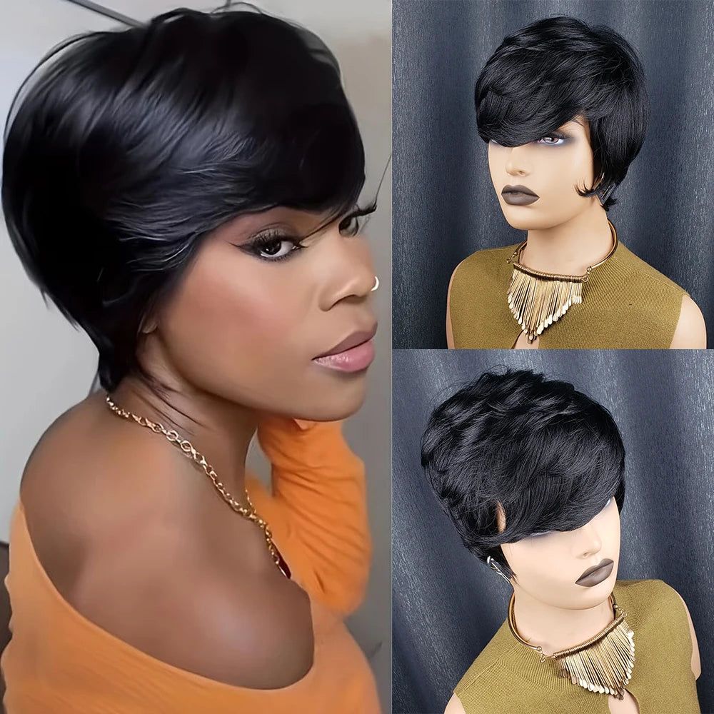 Pixie Cut Straight Black Human Hair Short Bob Wig Cheap Remy Human Hair For Black Women Full Machine Made Wig For Daily Use