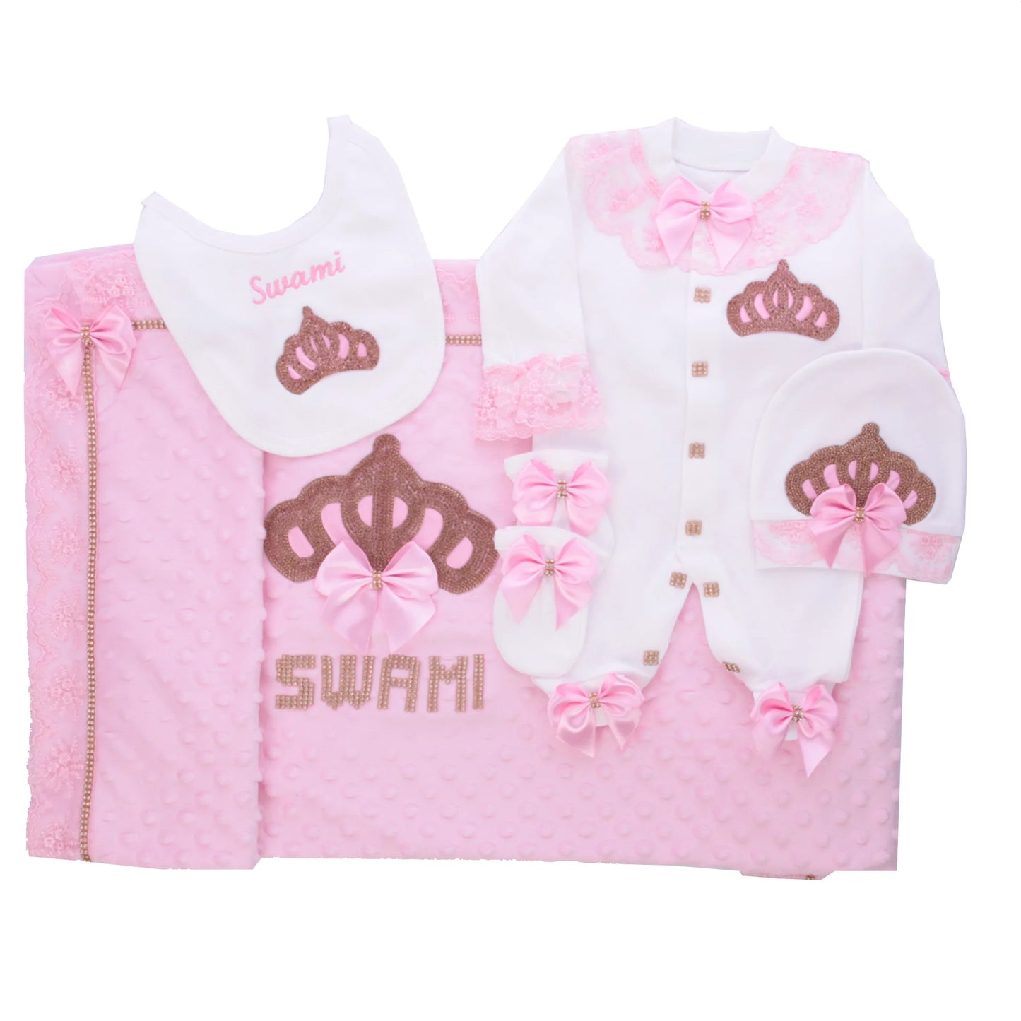 5pcs Newborn Baby Embroidery Lace Romper Outfit Clothing Cotton Infant Wrapped Baby Products Pants Mittens Receiving Blanket