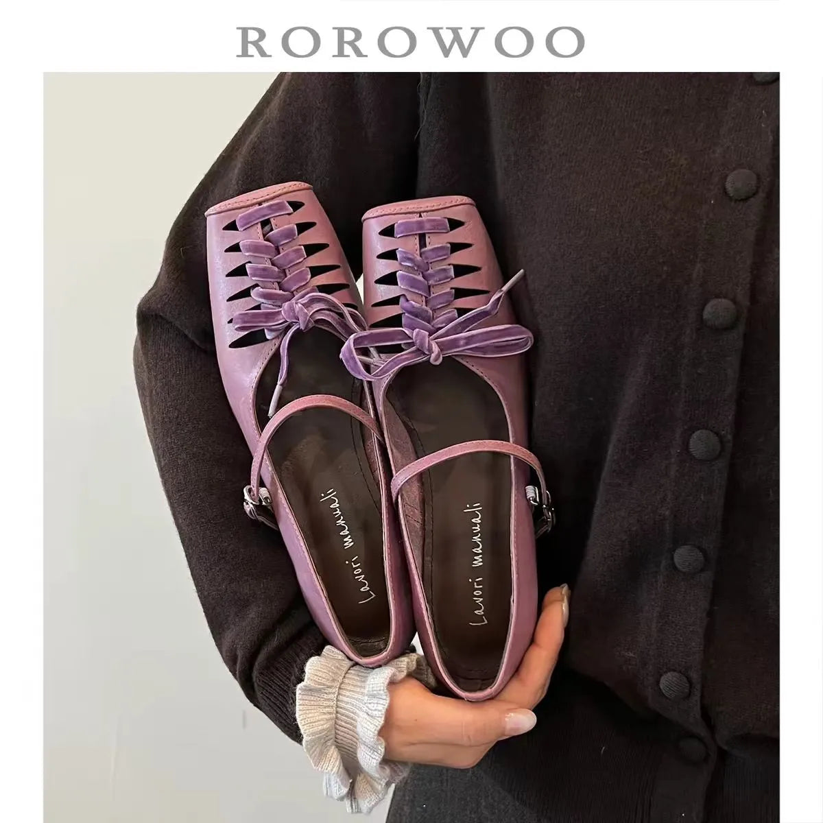 French-style Square-toe Hollow Lace-up Height-increasing Mary Jane Shoes for Women with Single-strap Fashion Shallow-cut Flats