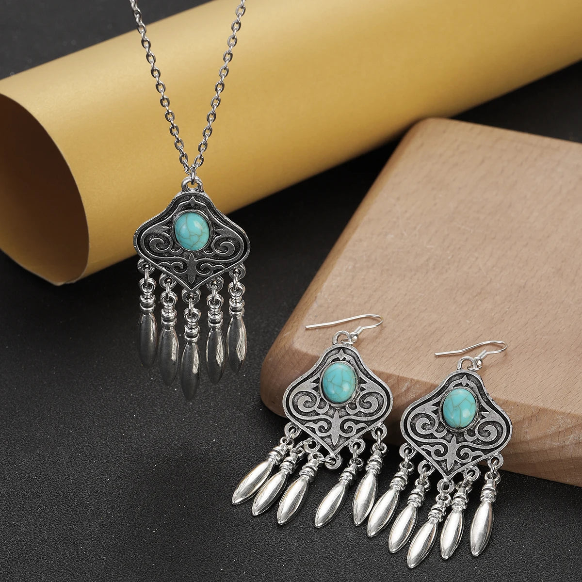 2023 Indian Jewelry Set Ethnic Silver Plated Geometric Carved Tassel Earring Necklace Women's Blue Turquoises Chain Jewelry