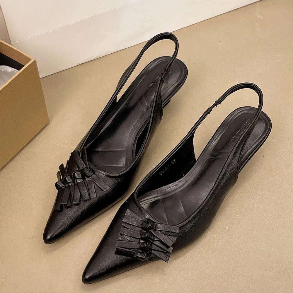 2025 Size 42 Vintage y2k Flowers Black Pointy Toe Slingback Pumps Cross-strap Summer 5cm Kitten Heels White Lady Shoes Women