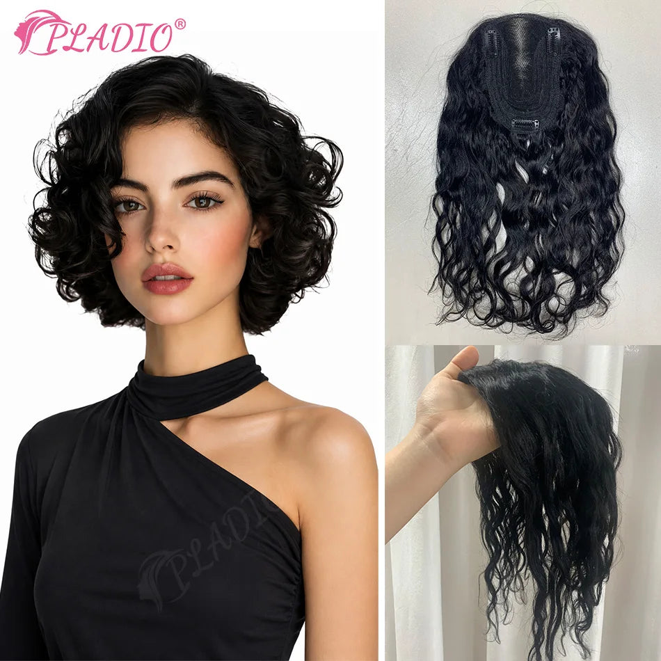 Real Human Hair Toppers for Women Clip In Curly 9x14cm 12 Inch Natural Black Breathable Mesh Base for Thinning Hair Add Volume