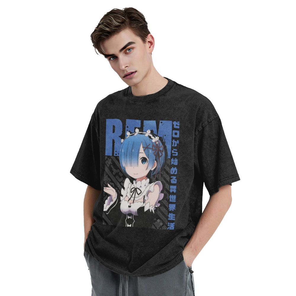 Rezero Rem Re:Life In A Different World From Zero Washed T Shirts Streetwear Hip Hop Vintage T-Shirt Tees for Men Women Harajuku
