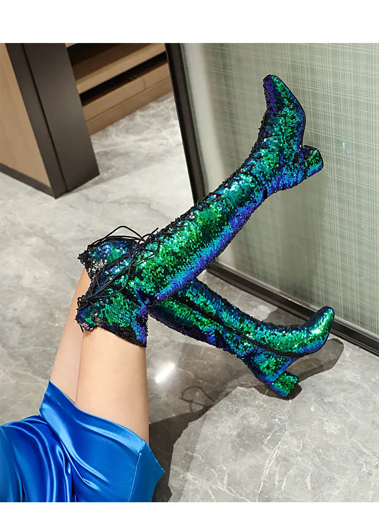 Glitter Bling Boots Women Over the knee Chunk High Heels Zipper Lace-Up Runway Lady Shoes Large Size Thigh High Boots Size 46
