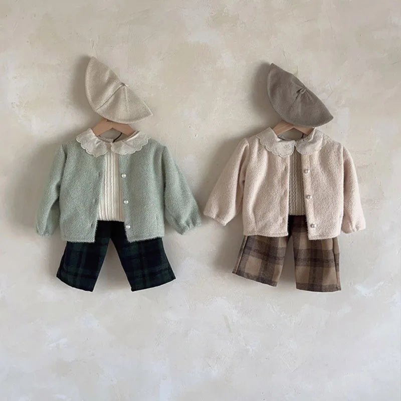 Baby Girl Sweet Lace Peter Pan Collar Tops Winter Fashion Ribbed Thickened Bottoming Tops Girls Simple Cotton Knitwear Tees