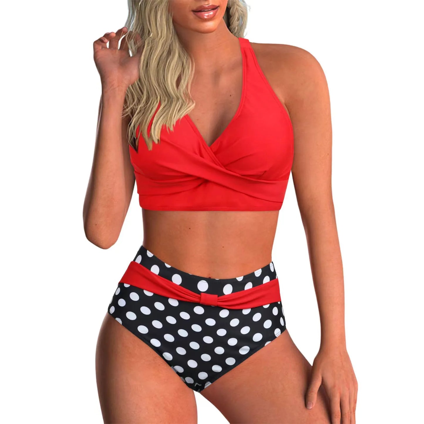 Circyy Print Swimsuit Women Split Swimsuit Contrast Color Striped Dot Bikini Set High Waisted Fashion Beachwear Summer 2025 New