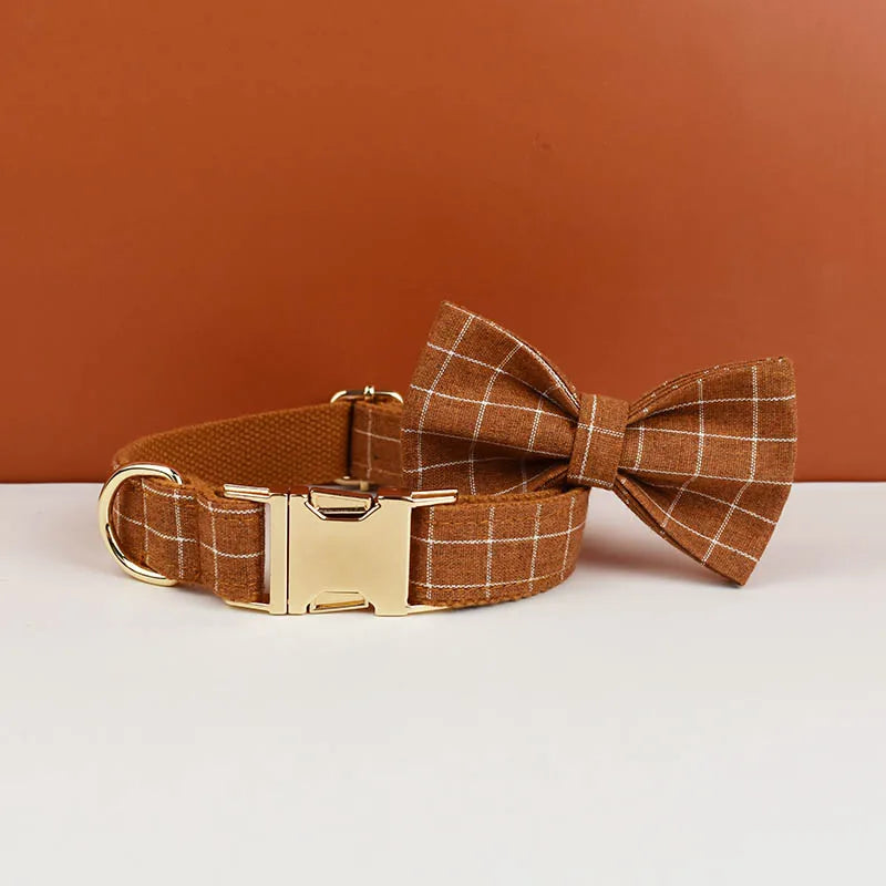 Plaid Dog Collar Designer With Bow Tie Custom Dog Accessories Luxury Pet collar leash set