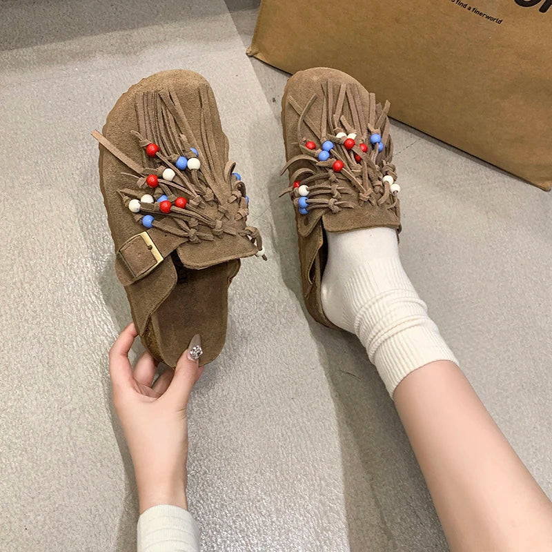 2025 Women Mules Shoes Flats Suede Women's Sandals Fringes Summer Fashion Slippers Walking Dress Cozy