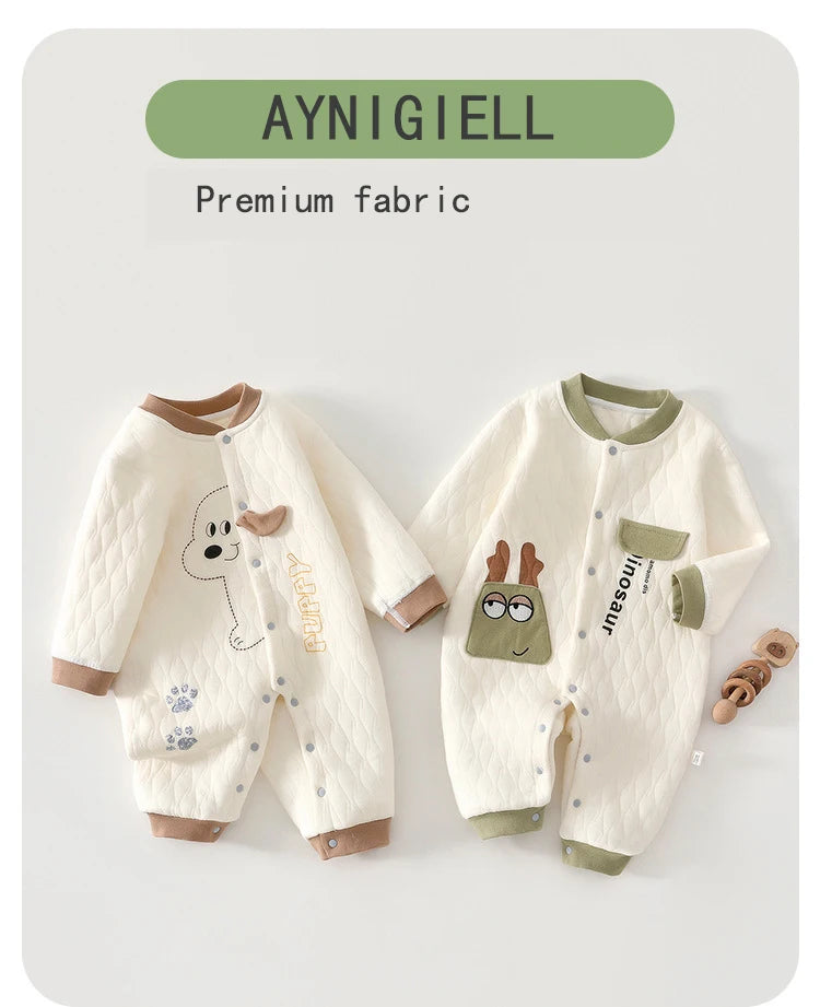 0-2Y Newborn Girl Boy Spring Bodysuit 2026 Baby Cotton Quilted Seamless Romper Autumn Warm Printed Soft Skin-Friendly Sleepwear