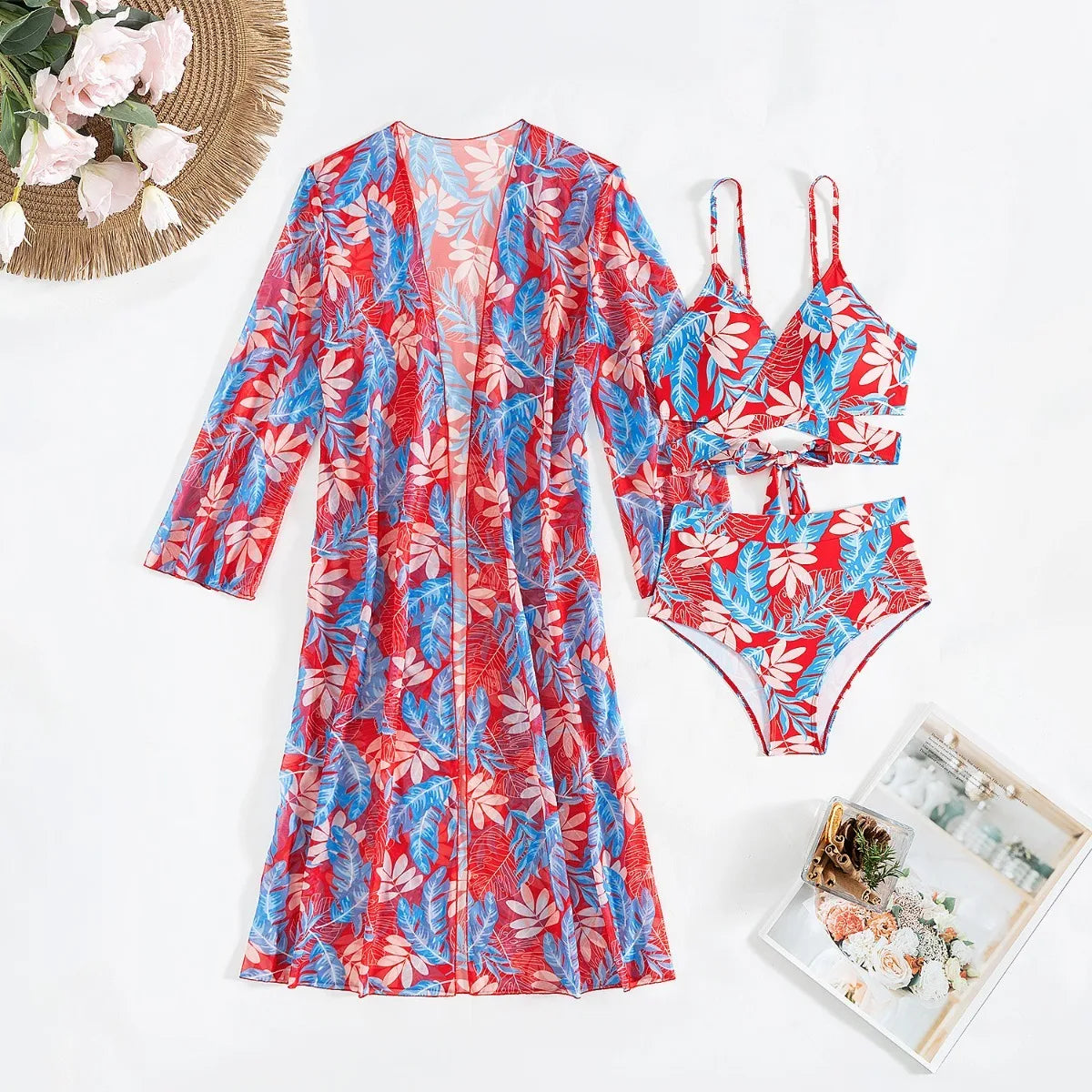 Women 3 Pieces Underwire Floral Bikini Set V Neck High Waist Swimsuit With Long Sleeve Kimono Cover Up Beach Bathing Suit