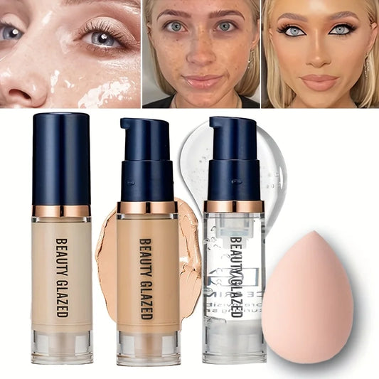 BEAUTY GLAZED 3Pcs Face Makeup Set, Matte Long Lasting Waterproof Liquid Foundation+Primer+Puff