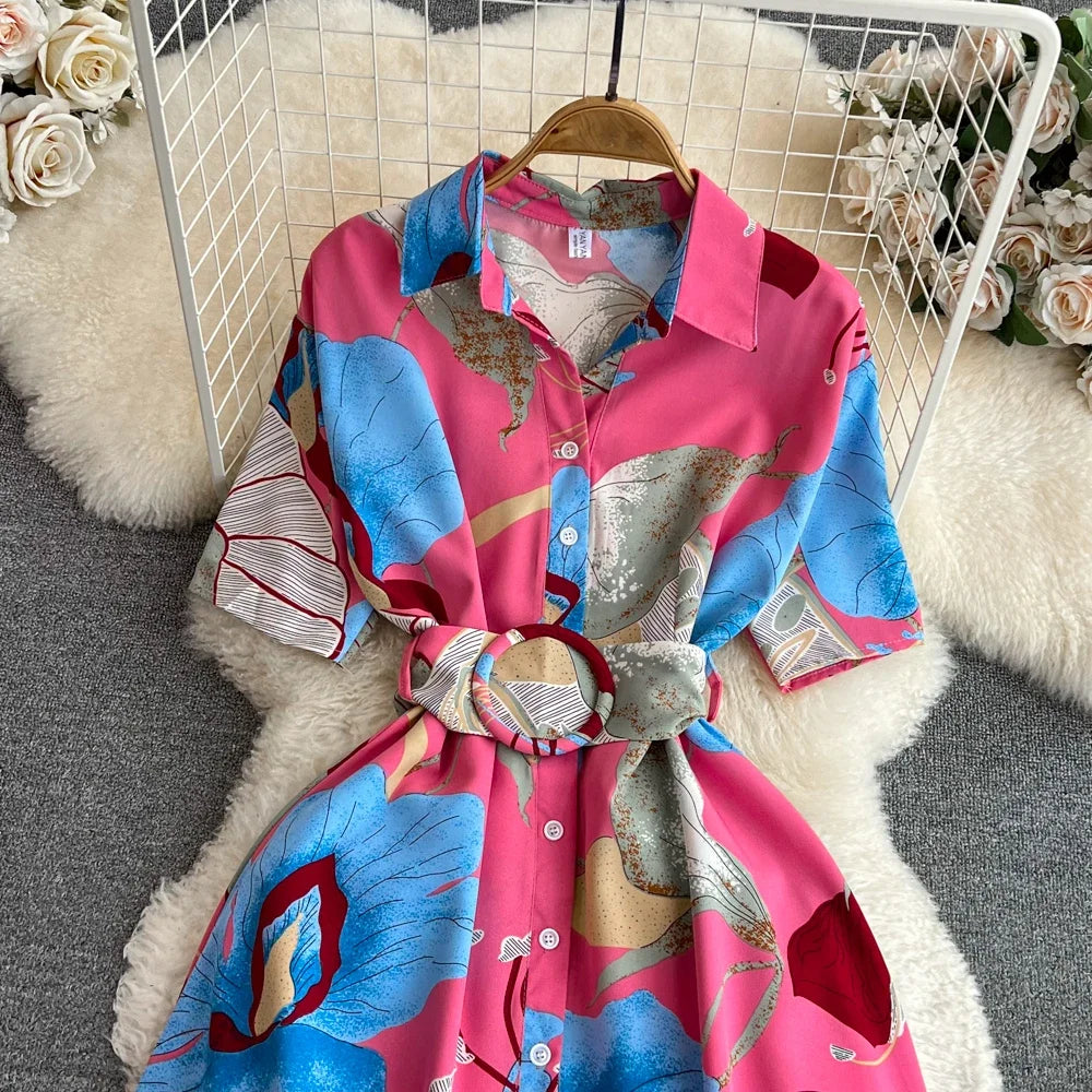 2024 New Summer Women Dress Fashion Print Floral A-line Shirt Dress with Belt Elegant Vintage Off Lady Dress Casual Vestidos