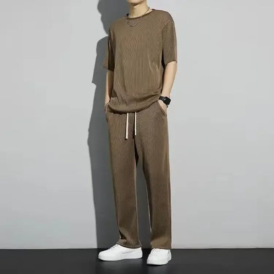 Men's Wrinkled Ice Silk Sports Set 2026 Summer New Short sleeved Long Pants Two piece Set Fashionable Breathable and Cool