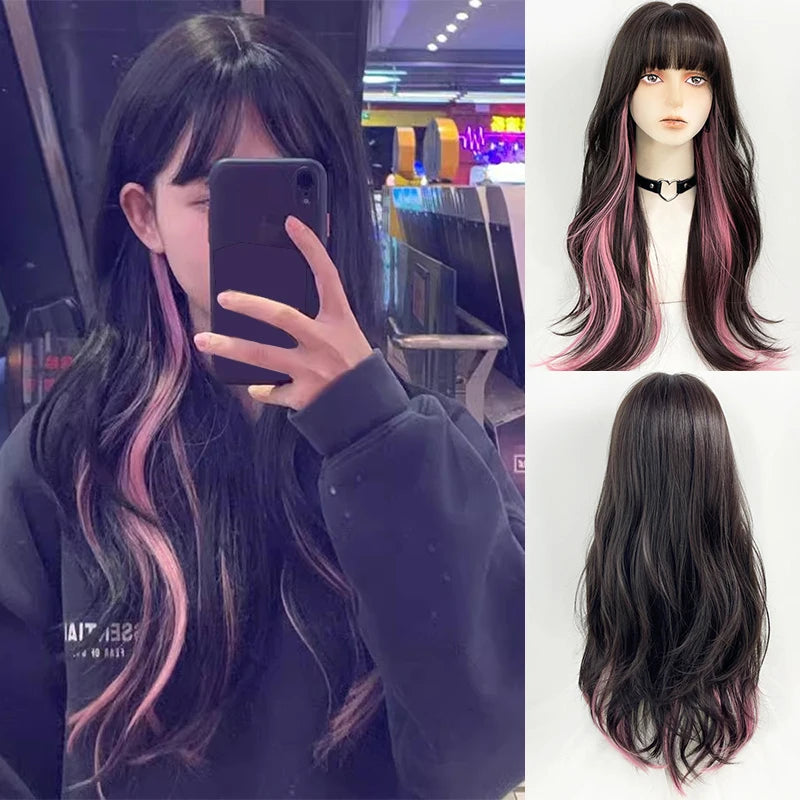 Ombre Pink Brown Wig for Women Cute Lolita Hair Wig with Bangs High Temperature Fibers Synthetic Wigs Headband Wigs for Cosplay