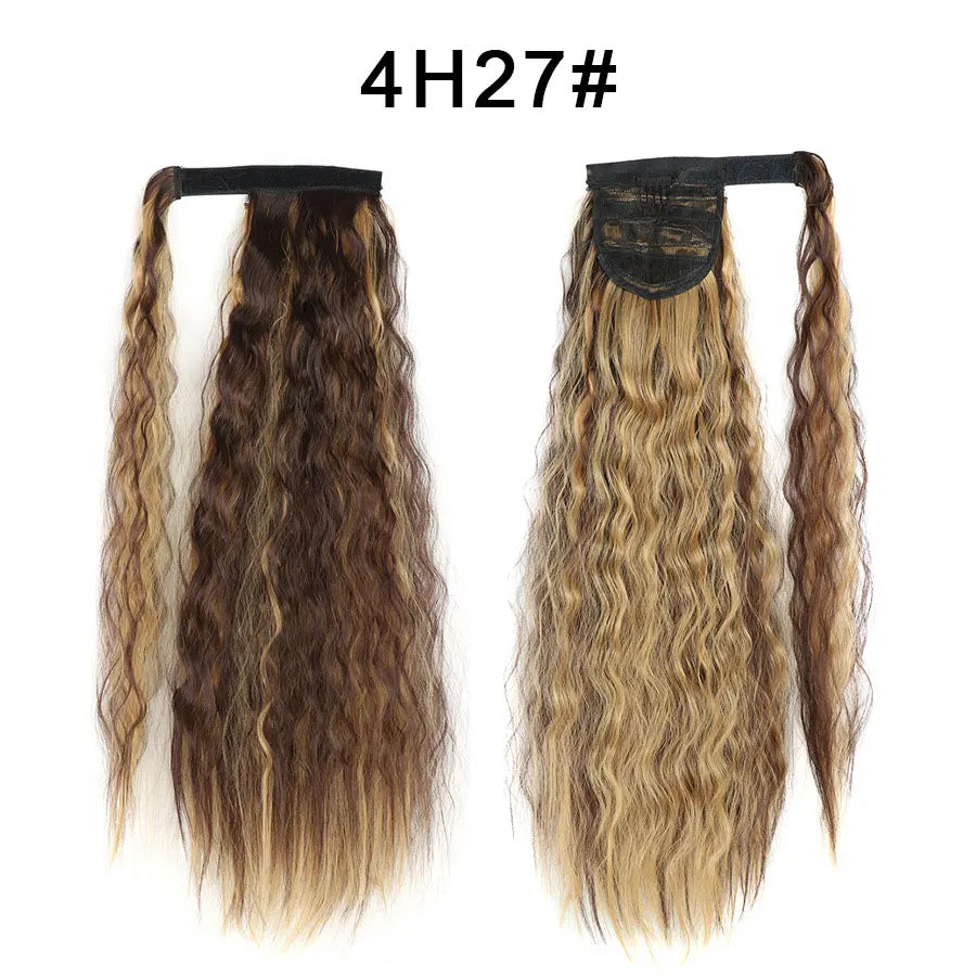 Synthetic Long Corn Wave Ponytail Extension Magic Paste Heat Resistant Wavy Wrap Around Ponytail Black Hairpiece for Women
