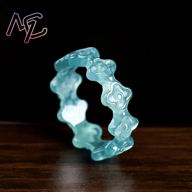 Natural Myanmar Jadeite Clover Ring Real Jade Jewelry Accessories Carved Vintage Amulet Talismans Luxury Gifts for Women