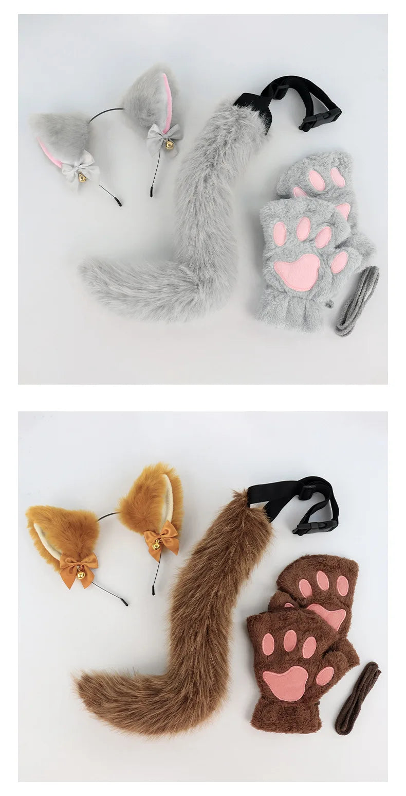 Halloween Cats Costume Set for Girl Cosplay, Halloween Cats Costume Accessories with Headband, Tail, Gloves 3Pcs