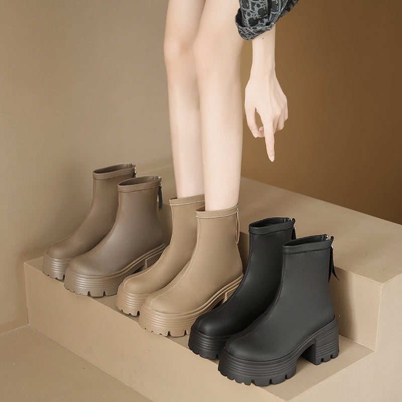 8CM Autumn Chunky Boots High Platform Leather Sneakers Women Round Toe Chelsea Boots British Style Thick Sole Female Ankle Shoes