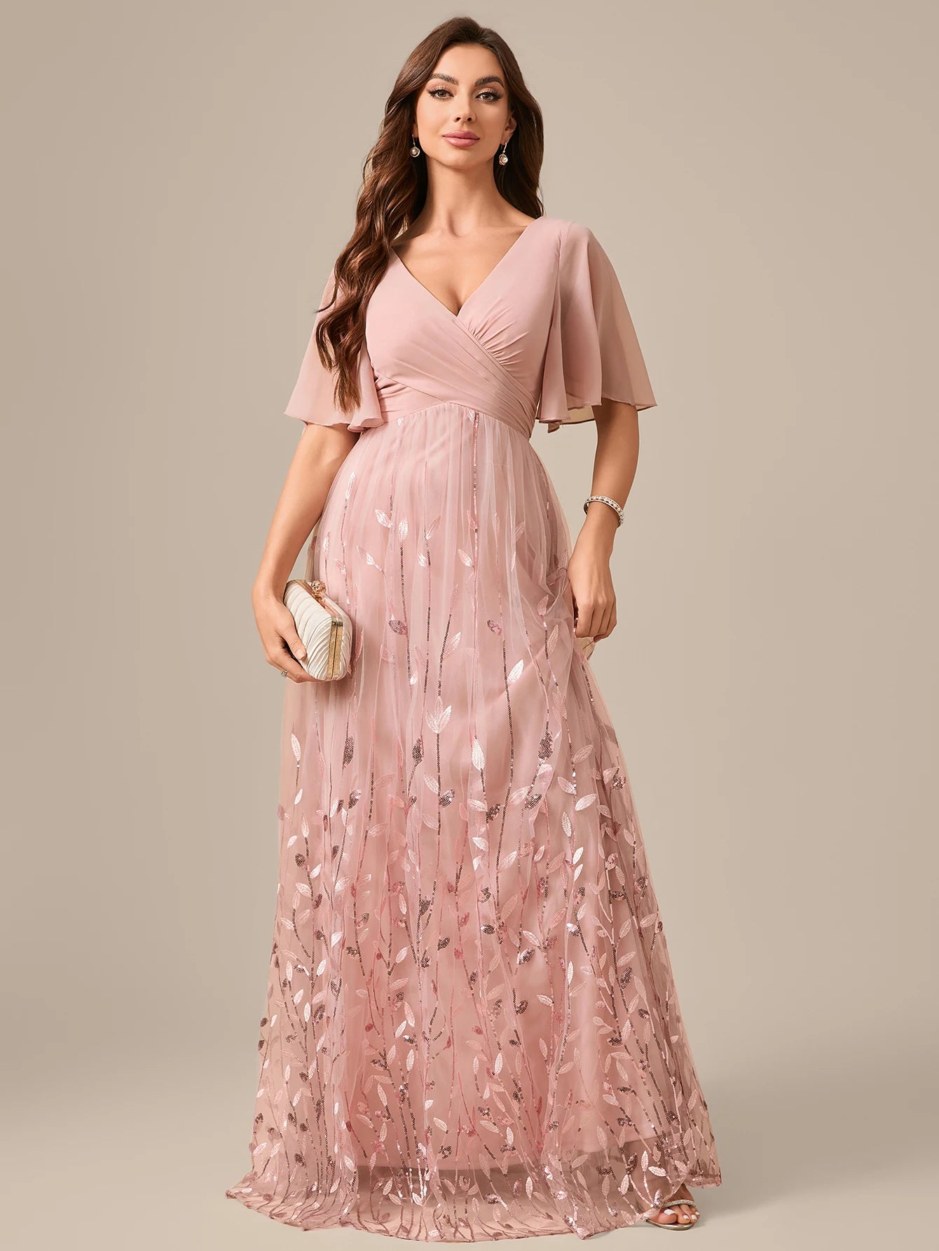 UNITHORSE Random Cutting V-neck Lace-Trimmed Sleeves Chest Pleats Leaf Pattern Tulle Patchwork Evening Dress